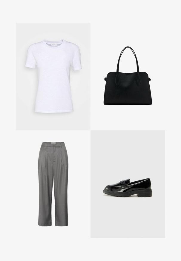 T-shirt bianco in cotone con colletto rotondo, maniche corte e superficie leggermente texture. Nessun motivo o accessorio visibile.; Pantaloni grigi su misura con vestibilità dritta, dotati di una parte anteriore plissettata, tessuto liscio e un design classico in vita.; Mocassini in pelle patinata nera con una spessa suola in gomma nera, caratterizzati da un vamp in cucitura e una superficie liscia e lucida.; Borsa a mano in pelle nera con doppio manico, forma rettangolare e design minimalista su sfondo bianco.