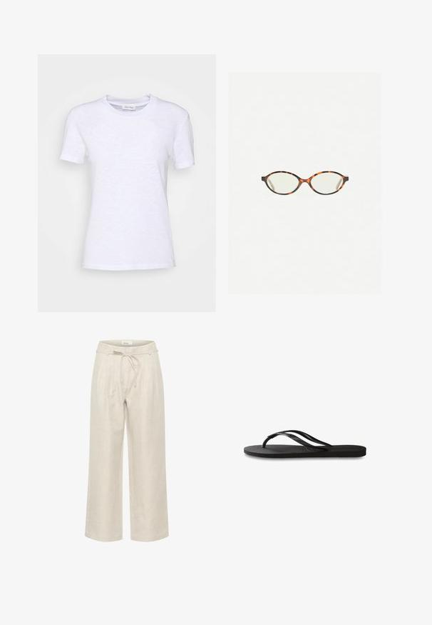 Bijela pamučna majica kratkih rukava s okruglim izrezom i blago teksturiranom površinom. Bez vidljivih uzoraka ili dodataka.; Bež lanene hlače širokih nogavica s elastičnim pojasom i prednjim naborima, sa glatkom teksturom i dužinom do gležnjeva.; Crne japanke s teksturiranom gumenenom potplatom, dva uska remena i suptilnim, urezanim logom na remenu.; Naočale u boji kornjače s ovalnim staklima i elegantnim, glatkim završetkom. Imaju tanke strane s suptilnom krivuljom na sljepoočnicama. Prozirna stakla.