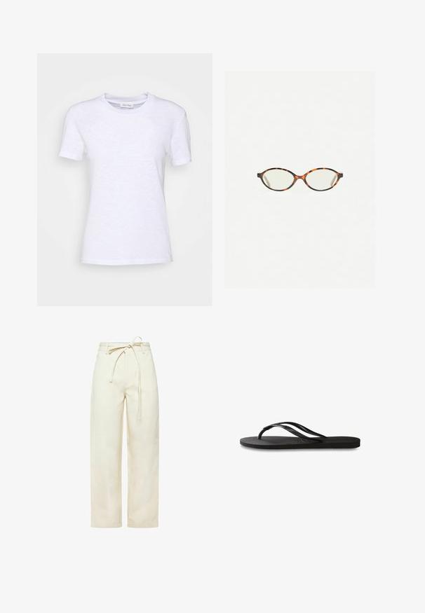 T-shirt en coton blanc avec un col rond, des manches courtes et une surface légèrement texturée. Pas de motifs ou de matériel visible.; Pantalons larges de couleur crème avec une taille à cordon, deux poches latérales et un tissu doux et texturé.; Tongs noires avec une semelle en caoutchouc texturée, deux fines lanières et un détail de logo embossé subtil sur la lanière.; Lunettes en écaille de tortue avec des verres ovales et une finition lisse et élégante. Présente des branches fines avec une courbure subtile au niveau des tempes. Verres transparents.