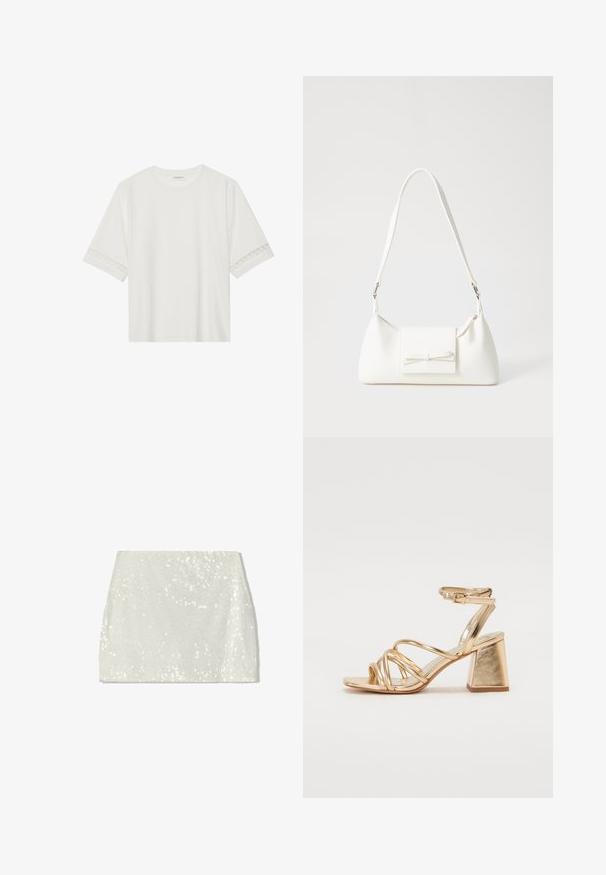 Witte korte mouwen t-shirt van katoen, met een decoratieve kantafwerking langs de mouwen en een ronde halslijn.; Bershka A-lijn rok - white; Gouden metallic gestileerde sandaaltjes met hoge hakken, voorzien van een straps ontwerp, vierkante blokhak en een verstelbare enkelband met een gesp. Gladde textuur.; Witte synthetische handtas met een driehoekige vorm, platte voorklep en strikdetail, verstelbare schouderriem, gladde textuur en minimalistisch ontwerp.