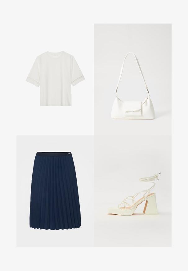 Biała, krótka koszulka z bawełny z dekoracyjnym koronkowym wykończeniem przy rękawach i okrągłym dekoltem.; Tommy Hilfiger Curve - Spódnica plisowana; Biała sandał na wysokim obcasie z masywnym słupkiem, z paskowym wzorem i wiązaniem przy kostce. Gładka faktura z platformą z przodu dla dodatkowej wysokości.; Biała syntetyczna torba o trójkątnym kształcie, płaskim przednim klapce i detalach w postaci kokardy, regulowanym pasku, gładkiej fakturze oraz minimalistycznym designie.