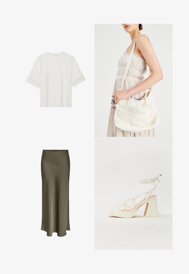 Hvit t-skjorte med kort erme laget av bomull, med dekorativ blondekant langs ermene og en rund halslinning.; Lang olivengrønn skjørt laget av glatt, skinnende stoff, med sidelåsing og en myk, flytende design som henger elegant.; Hvit høyhælte sandal med kraftig hæl, med en stroppe-design og ankelbånd. Glatt tekstur med plattform foran for ekstra høyde.; Hvit stoff skulderveske med samlet tekstur, justerbar stropp og sølvfarget hardware. Vist sammen med en kremfarget kjole.