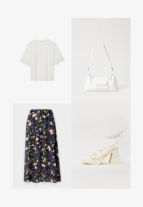 Vit kortärmad t-shirt i bomull, med dekorativa spetsdetaljer längs ärmarna och rund halsringning.; Marinblå blommig kjol med elastisk midja, med ett tryck av rosa, blå och gröna blommor på en strukturerad tyg.; Vit högklackad sandal med en kraftig klack, med ett remdesign och ankelband. Slät textur med en plattform framtill för ökad höjd.; Vit syntetisk handväska med triangulär form, platt framklaff och rosettdetalj, justerbar rem, slät textur och minimalistisk design.