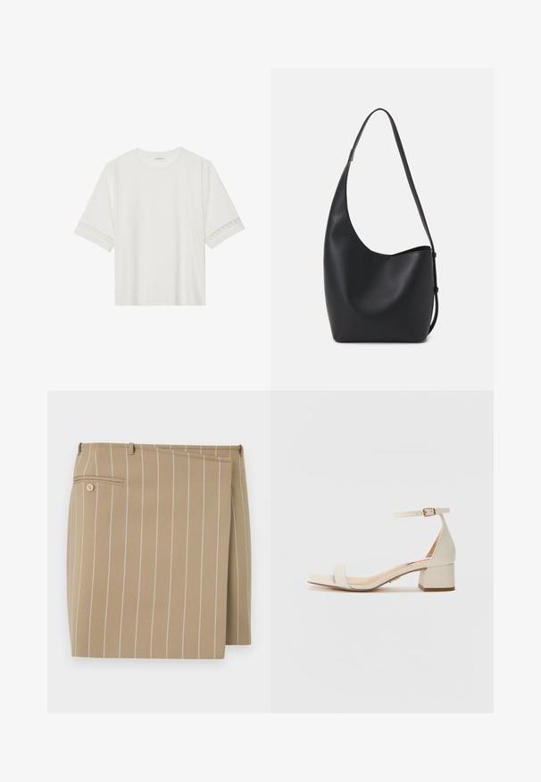 Weißes T-Shirt mit kurzen Ärmeln aus Baumwolle, mit dekorativem Spitzenbesatz entlang der Ärmel und einem runden Ausschnitt.; Beige Rock mit vertikalen weißen Streifen, aus einem strukturierten Stoff gefertigt. Verfügt über eine vordere Klappe und eine rückwärtige Tasche mit einem Knopfdetail.; Beige Block-Absatzsandale mit quadratischer Zehenpartie. Verfügt über einen schlanken Knöchelriemen mit Schnalle, eine glatte lederähnliche Textur und eine moderate Absatzhöhe.; Schwarze Leder-Hobo-Tasche mit einer glatten Textur, geschwungener Form und einem einzelnen verstellbaren Tragegurt; verfügt über eine weite Öffnung am oberen Ende.