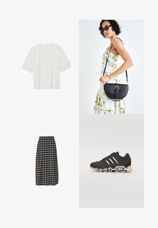 Biele tričko s krátkym rukávom vyrobené z bavlny, s dekoratívnym čipkovým lemovaním pozdĺž rukávov a okrúhlym výstrihom.; Čierna midi sukňa s bielymi bodkami, vyrobená z hladkej tkaniny. Má priliehavý pás a malý bočný rozparok pre pohodlie pri pohybe.; Čierna športová obuv s textúrovaným zvrškom, tromi striebornými pruhmi a charakteristickou podošvou s viacerými integrovanými sekciami.; Čierna kožená kabelka s zaobleným tvarom, odnímateľným popruhom a zlatými doplnkami. Kabelka má klopu s detailom s prackou.