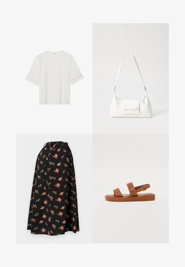 Witte korte mouwen t-shirt van katoen, met een decoratieve kantafwerking langs de mouwen en een ronde halslijn.; Zwarte bloemenrok met een elastische tailleband, voorzien van rode en groene bloemenpatronen en een vloeiende, lichte textuur.; Bruine leren sandalen met twee brede banden en een achterband, met een platte zool met subtiele stikdetails en een metalen gesp accent.; Witte synthetische handtas met een driehoekige vorm, platte voorklep en strikdetail, verstelbare schouderriem, gladde textuur en minimalistisch ontwerp.