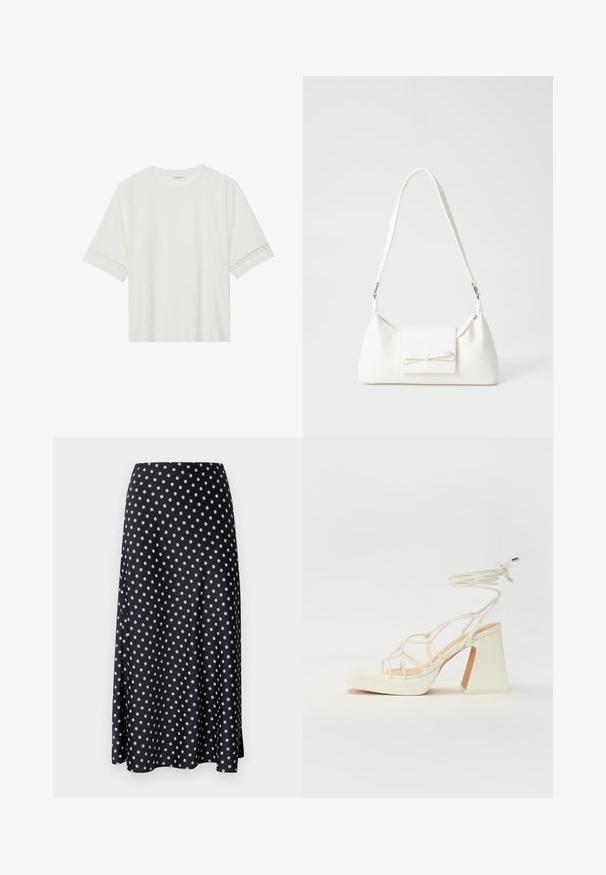 Valkoinen lyhythihainen t-paita, joka on valmistettu puuvillasta ja jossa on koristeellinen pitsireunus hihojen ympärillä sekä pyöreä pääntie.; Sinepää tummansininen hame, jossa on sileä ja virtaava kangas, keskikokoinen malli ja korkea vyötärö, jossa on sivuleikkaus.; Valkoinen korkokenkä, jossa on paksu korko, ja joka sisältää nauhakiinnityksen ja nilkkaketjun. Sujuva pinta, jossa on platform-etupohja lisäkorkeutta varten.; Valkoinen synteettinen käsilaukku, jossa on kolmikulmainen muoto, tasainen etu läppä ja nauhadetail, säädettävä olkahihna, sileä rakenne ja minimalinen muotoilu.
