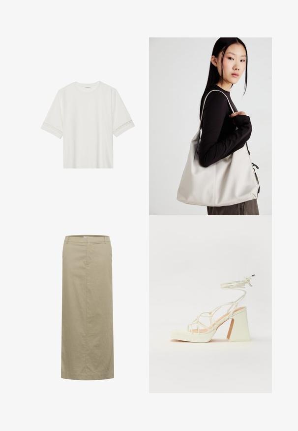 Hvit t-skjorte med kort erme laget av bomull, med dekorativ blondekant langs ermene og en rund halslinning.; Beige lin midi skjørt med flat midje, sidelommer og rett silhuett, utstyrt med minimal søm og ingen synlig maskinvare.; Hvit høyhælte sandal med kraftig hæl, med en stroppe-design og ankelbånd. Glatt tekstur med plattform foran for ekstra høyde.; Beige håndveske laget av mykt materiale, med en slapp design, sydd detaljer og to skulderstropper. Passer for daglig bruk.