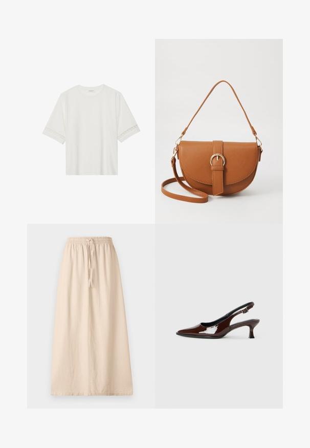 Bela kratka majica s kratkimi rokavi iz bombaža, okrašena z dekorativnim čipkastim robom ob rokavih in okroglo izrezom.; Bež krilo do gležnjev iz lahkega materiala z elastičnim pasom in nastavljivo vrvico. Ima sproščen ravno silhueto.; Rjavi lakirani slingback čevelj z ostro konico in zmerno peto. Ima zaponko za varno prileganje. Gladka tekstura.; Rjava usnjena torbica prek telesa s ukrivljeno obliko, zlate opreme in sponko. Ima odstranljiv naramni trak.