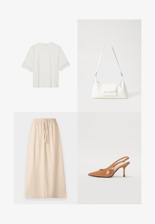 Tricou alb cu mânecă scurtă, confecționat din bumbac, cu dantelă decorativă pe marginea mânecilor și un guler rotund.; Fustă bej, până la gleznă, realizată dintr-un material ușor, cu talie elastică și șnur ajustabil. Prezintă o siluetă dreaptă, lejeră.; Pantofii cu toc slingback, cu vârful ascuțit, dintr-un material tan neted și strălucitor. Prezintă un design cu decupaj curbat și un toc subțire stil stiletto. Detaliu cu cataramă argintie.; Geantă sintetică albă, cu formă triangulară, capac frontal plat și detaliu cu fundă, curea ajustabilă, textură netedă și design minimalist.