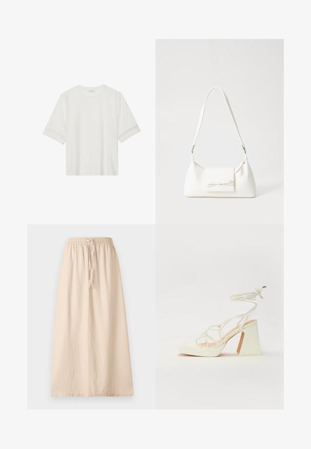Witte korte mouwen t-shirt van katoen, met een decoratieve kantafwerking langs de mouwen en een ronde halslijn.; Beige, enkelgevelrok gemaakt van lichtgewicht stof met een elastische tailleband en een verstelbare strik. Beschikt over een ontspannen, rechte pasvorm.; Witte hoge hakken sandaal met een chunky hak, met een bandjesontwerp en enkelband. Gladde textuur met een plateau voor extra hoogte.; Witte synthetische handtas met een driehoekige vorm, platte voorklep en strikdetail, verstelbare schouderriem, gladde textuur en minimalistisch ontwerp.