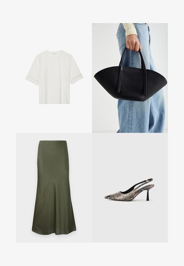 T-shirt branco de manga curta feito de algodão, com bainha de renda decorativa nas mangas e decote redondo.; Saias midi ajustadas em verde-oliva, feitas de tecido de cetim, com uma abertura na barra, exibidas contra um fundo branco.; Sapatos slingback de bico fino feitos de material texturizado com padrão de cobra, apresentando um salto preto esguio e um design recortado nas laterais.; Bolsa de mão em couro preto com uma forma única em leque, apresentando alças planas. A superfície tem uma textura pebble e um design minimalista.