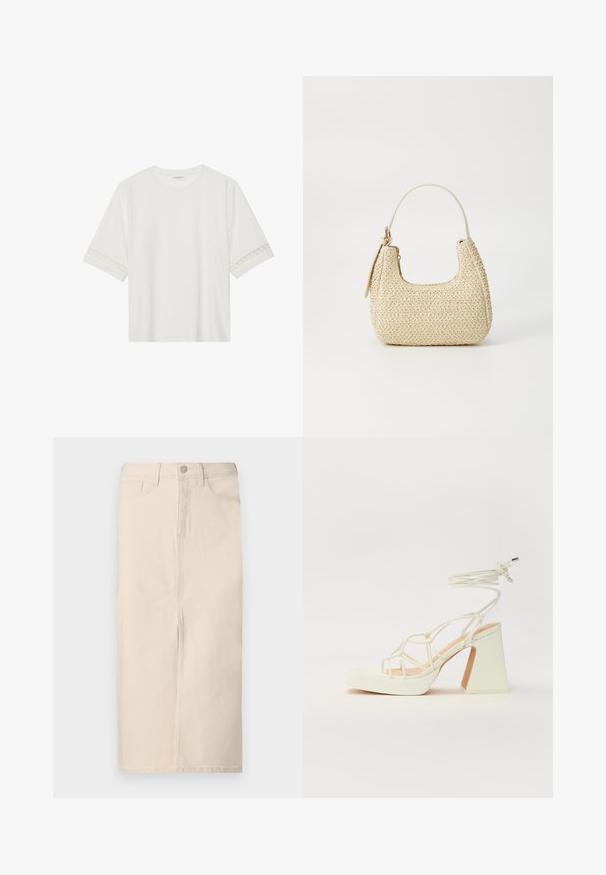 Valge lühikese varrukaga T-särk, mis on valmistatud puuvillast, kaunistatud pitsiga varrukate ääres ja ümmarguse kaelusega.; Kreemivärvi denimi midi-seelik, mis sisaldab esipoolset lõhenemist, viit taskut ja esist nuppude sulgemist. Kangas on pehme ja tekstureeritud viimistlusega.; Valged kõrge kontsaga sandaalid, millel on paks konts ja rihmadega disain koos pahkluu sidumisega. Sile tekstuur ja platvorm ees, et lisada kõrgust.; Kootud heleda õlgedest käekott kaarjas vormis, lühikese käepideme ja külgseppimisega. Omab tekstuurset pinda ja minimalistlikku disaini.