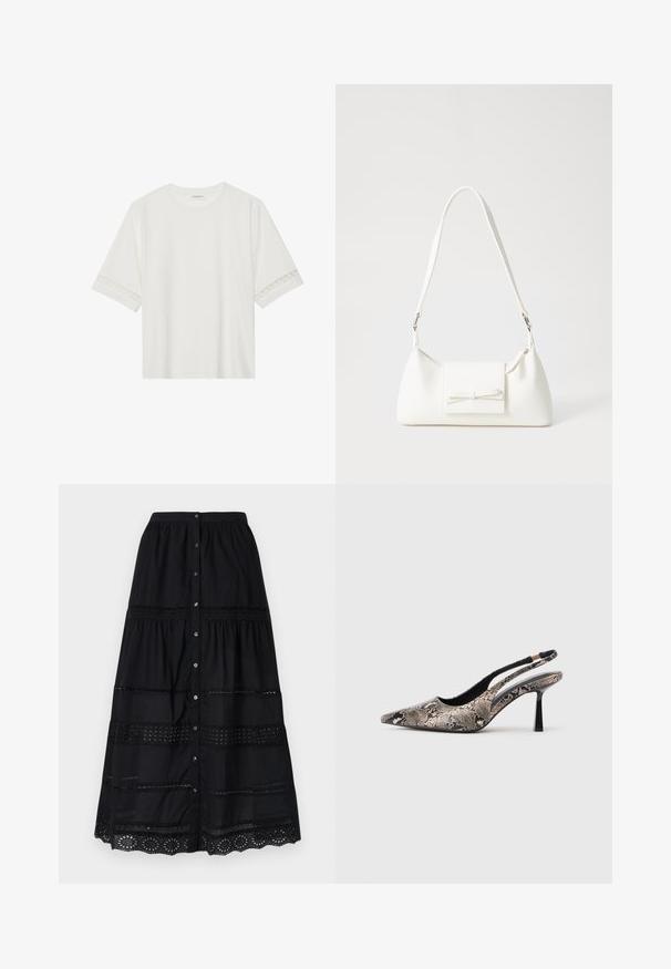 Balta īsām piedurknēm T-kreklu, izgatavotu no kokvilnas, ar dekoratīvu mežģīņu apdari ap piedurknēm un apaļu kakla izgriezumu.; Melnas pogas svārki ar daudzlīmeņu dizainu, kas papildināti ar mežģīņu apdari un teksturētu audumu. Ietver sudraba pogas priekšpusē.; Punktēti purngalu slingback apavi, kas izgatavoti no teksturētas čūsku drukas materiāla, ar plānu melnu papēdi un izgriezumu dizainu sānos.; Balta sintētiska soma ar trīsstūrveida formu, plakanu priekšējo vāciņu un loku detaļu, regulējamu siksnu, gludu tekstūru un minimālistisku dizainu.