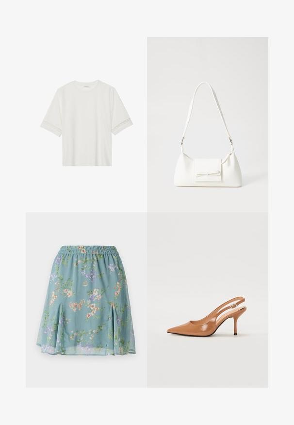 Bílé tričko s krátkým rukávem vyrobené z bavlny, s dekorativní krajkovou aplikací na rukávech a kulatým výstřihem.; Lehounká, světle modrá sukně s květinovým vzorem v odstínech fialové, oranžové a zelené; elastický pas; boční rozparky na lemu.; Sandy poprsko s úzkým podpatkem v hladkém, lesklém odstínu tan. Obsahuje zakřivený design s výřezem a štíhlý jehlový podpatek. Detail se stříbrnou sponou.; Bílá syntetická kabelka v trojúhelníkovém tvaru, s plochým předním klopným víkem a detailem mašle, nastavitelným popruhem, hladkým povrchem a minimalistickým designem.