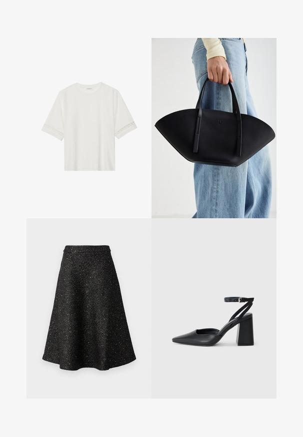 Λευκό κοντομάνικο μπλουζάκι φτιαγμένο από βαμβάκι, με διακοσμητική δαντέλα κατά μήκος των μανικιών και στρογγυλή λαιμόκοψη.; Μαύρη φούστα Α γραμμής με υφή, που διαθέτει μεταλλικές νιφάδες σε όλη την επιφάνεια. Φαρδύ ζωνάκι και φουσκωτή σιλουέτα, μήκος μέχρι το γόνατο.; Μαύρο δερμάτινο ψηλοτάκουνο παπούτσι με οξύ μυτερό τόξο, λουράκι στον αστράγαλο και χοντρό τακούνι. Λείος υφασματισμός, κομψός σχεδιασμός και μινιμαλιστική αισθητική.; Μαύρη δερμάτινη τσάντα χειρός με μοναδικό σχήμα φτερού, διαθέτει επίπεδους χειροφύλακες. Η επιφάνεια έχει υφή ογκωτού βράχου και μινιμαλιστικό σχέδιο.