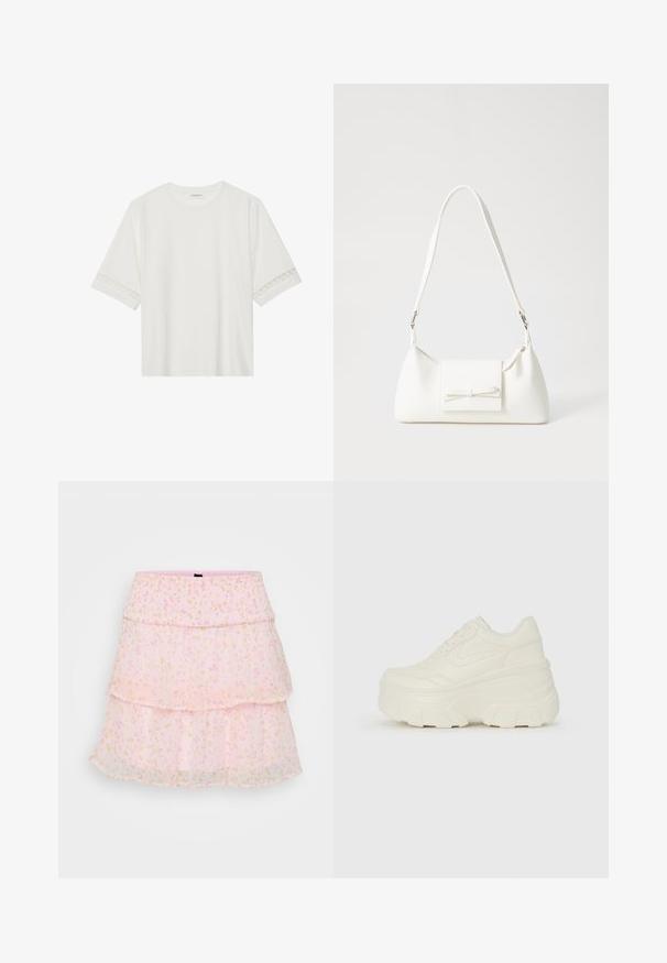 T-shirt branco de manga curta feito de algodão, com bainha de renda decorativa nas mangas e decote redondo.; Saia rosa em camadas feita de tecido transparente com padrões florais em cores pastéis. Cintura elástica para maior conforto e ajuste.; Tênis brancos de plataforma com um cabedal suave semelhante a couro, formato arredondado, colarinho acolchoado e sola de borracha texturizada com ranhuras bem definidas.; Mala sintética branca com formato triangular, aba frontal plana e detalhe de laço, alça ajustável, textura suave e design minimalista.