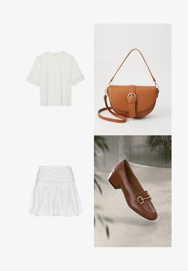 Valge lühikese varrukaga T-särk, mis on valmistatud puuvillast, kaunistatud pitsiga varrukate ääres ja ümmarguse kaelusega.; Valge mini seelik kogutud vöökohtaga, voolava A-line kujuga, sileda kangatekstuuriga ja volüümika ning liikuvuse suurendamiseks volangiga äärega.; Pruunist lakknahast loafer, millel on ruudukujuline varvas, metallist ahel kaunistus ja madal plokkkonts; sile tekstuur, minimalistlik disain.; Pruun nahast õlakott, millel on kumer kuju, kullavärvi riistvara ja pandlaga kaunistus. Omab eemaldatavat õlarihma.