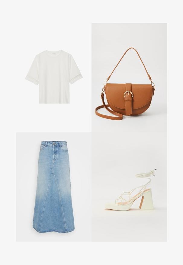 Hvit t-skjorte med kort erme laget av bomull, med dekorativ blondekant langs ermene og en rund halslinning.; Lys blå denimskjørt med en lang, A-linjeformet design, med en søm foran og rå kant. Klassisk fem-lommers stil og belteholdere inkludert.; Hvit høyhælte sandal med kraftig hæl, med en stroppe-design og ankelbånd. Glatt tekstur med plattform foran for ekstra høyde.; Brun lærcrossbody-veske med en buet form, gullhardware og et spenneakcent. Har en avtakbar skulderreim.