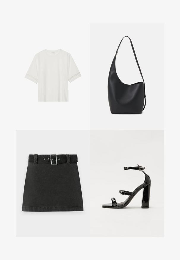 Camiseta blanca de manga corta hecha de algodón, con un ribete decorativo de encaje en las mangas y un escote redondo.; Falda mini de mezclilla negra con un cinturón a juego que cuenta con una hebilla metálica y pasadores, exhibida plana sobre un fondo blanco.; Sandalias de tacón de charol negro con punta cuadrada, correas en el tobillo y hebillas plateadas. Presentan un tacón grueso para mayor estabilidad.; Bolso tipo hobo de cuero negro con una textura suave, forma curvada y una sola correa ajustable; presenta una amplia apertura en la parte superior.