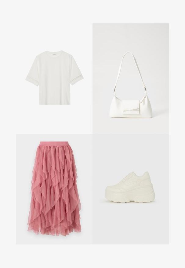 Hvit t-skjorte med kort erme laget av bomull, med dekorativ blondekant langs ermene og en rund halslinning.; Rosa lagdelt nederdel laget av lett stoff med volangdesign. Har elastisk midjebånd og faller til midt på leggen.; Hvite plattformsnickers med en glatt læraktig overdel, avrundet form, polstret krage og teksturert gummisåle med tydelige dekk.; Hvit syntetisk håndveske med trekantet form, flat klaff foran og sløyfe detaljer, justerbar stropp, glatt tekstur og minimalistisk design.