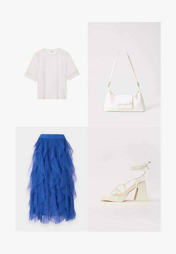 Hvid kortærmet t-shirt lavet af bomuld, med dekorativ blondekant langs ærmerne og en rund halsudskæring.; Blå lagdelt tylskørt med en bølget design, der har en bred talje og en blød, gennemsigtig tekstur. Volanter skaber et fyldigt look.; Hvide højhælede sandaler med en kraftig hæl, der har et stropdesign og ankelbinding. Glat tekstur med en platform foran for ekstra højde.; Hvid syntetisk håndtaske med en trekantet form, flad forsideklap og sløjfedetalje, justerbar strop, glat tekstur og minimalistisk design.