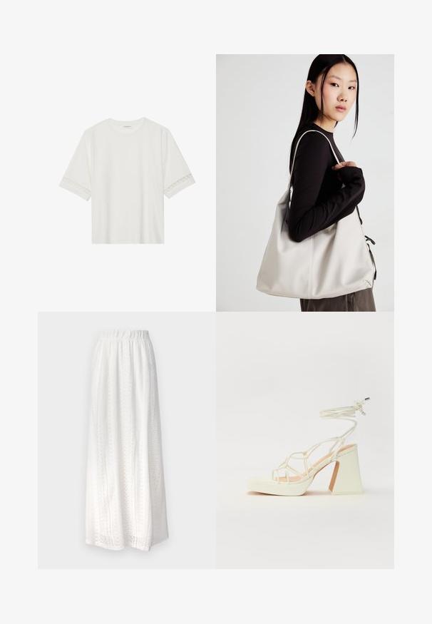 Hvit t-skjorte med kort erme laget av bomull, med dekorativ blondekant langs ermene og en rund halslinning.; Hvit maxiskjørt laget av teksturert stoff med utskjæringsmønstre, elastisk midje og flytende design.; Hvit høyhælte sandal med kraftig hæl, med en stroppe-design og ankelbånd. Glatt tekstur med plattform foran for ekstra høyde.; Beige håndveske laget av mykt materiale, med en slapp design, sydd detaljer og to skulderstropper. Passer for daglig bruk.
