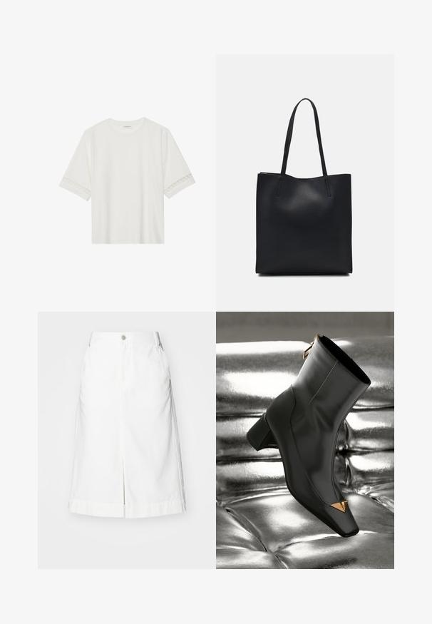 Camiseta blanca de manga corta hecha de algodón, con un ribete decorativo de encaje en las mangas y un escote redondo.; Falda de mezclilla blanca con corte recto, abertura delantera y cierre de un solo botón metálico en la cintura. Incluye bolsillos laterales y dobladillo ajustado.; Botín de cuero negro con punta cuadrada, acento triangular dorado y tacón de altura media. Textura lisa contra un fondo plateado brillante.; Bolso tote de cuero negro con textura lisa, forma rectangular y dos asas largas. Sin herrajes ni adornos visibles.