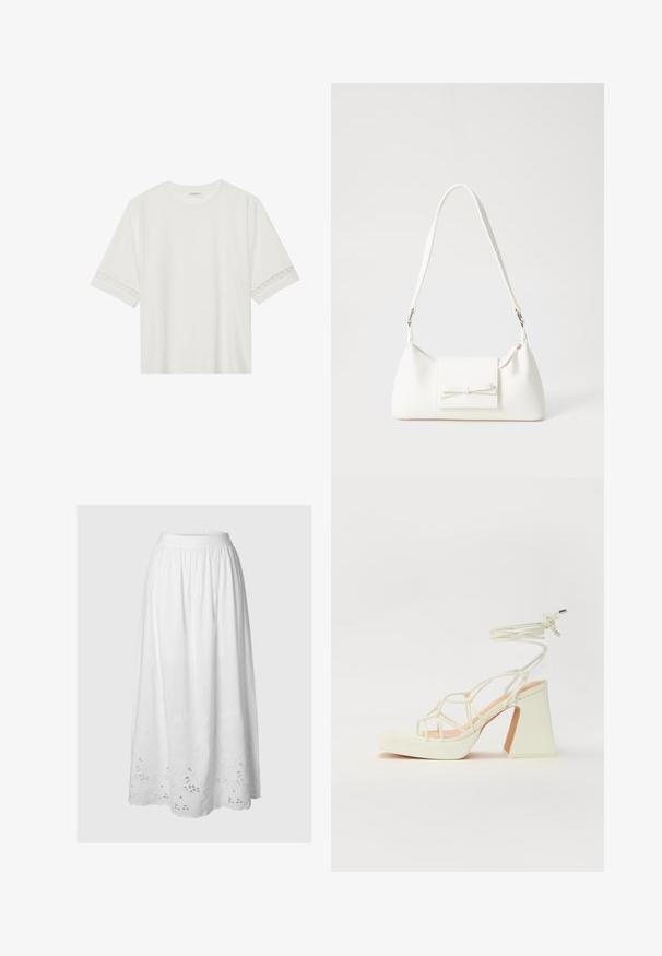 White short-sleeve t-shirt made from cotton, featuring decorative lace trim along the sleeves and a round neckline.; White midi skirt with an elastic waistband, featuring floral embroidery and cut-out details at the hem, made from lightweight fabric.; White high-heeled sandal with a chunky heel, featuring a strappy design and ankle tie. Smooth texture with a platform front for added height.; White synthetic handbag with a triangular shape, flat front flap and bow detail, adjustable strap, smooth texture, and minimalistic design.