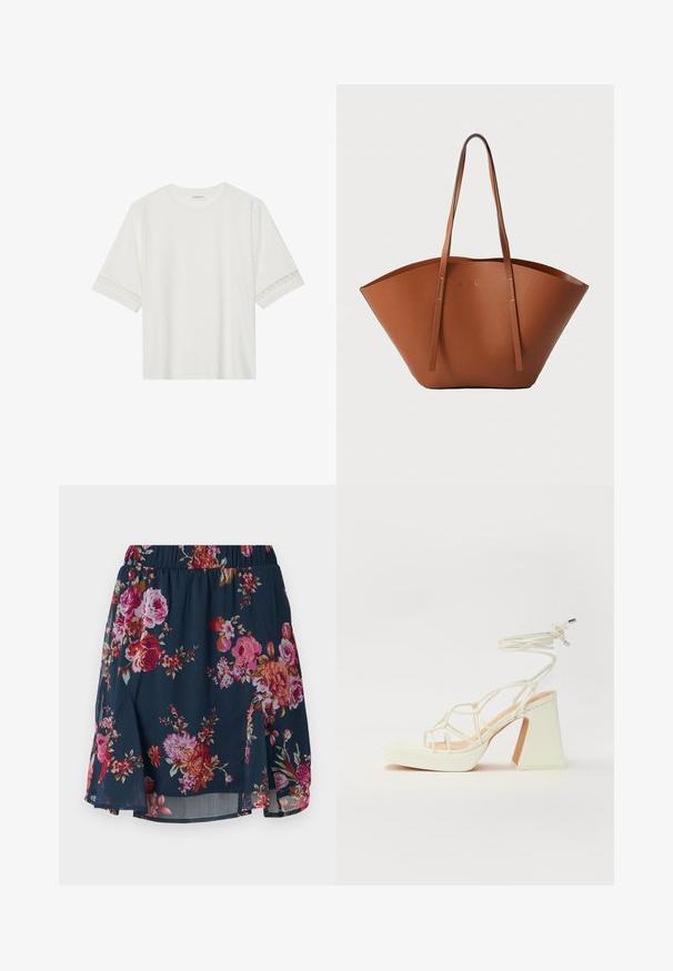 Biele tričko s krátkym rukávom vyrobené z bavlny, s dekoratívnym čipkovým lemovaním pozdĺž rukávov a okrúhlym výstrihom.; Kvetinová sukňa z námorníckej tkaniny s ružovými, červenými a oranžovými kvetmi. Má elastický pás a rozšírený strih so bočnými rozparkami.; Biele sandále na vysokom opätku s hrubým podpätkom, s pruhovaným dizajnom a viazaním na členku. Hladký povrch s platformou vpredu pre zvýšenú výšku.; Hnedá kožená taška na rameno s širokým, štruktúrovaným tvarom, tenkými popruhmi a textúrovaným povrchom. Displej minimalistického dizajnu bez viditeľného hardvéru.