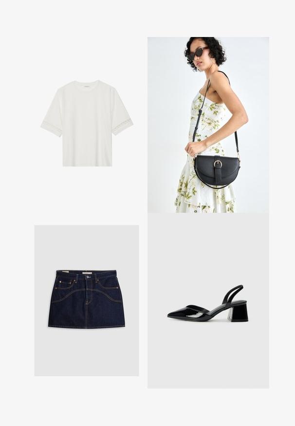 Bela kratka majica s kratkimi rokavi iz bombaža, okrašena z dekorativnim čipkastim robom ob rokavih in okroglo izrezom.; Denim krilo v temno indigo barvi s prilegajočo silhueto, petimi žepi in kontrastnim rumenim šivanjem ob šivih. Metalna zaklopka na pasu.; Črne lakirane slingback pete s koničastim nosom in geometrijsko blokasto peto. Imajo eleganten, minimalističen dizajn in gladko teksturo.; Črna usnjena torbica s ukrivljeno obliko, z odstranljivo naramnico in zlatimi dodatki. Torbica ima pokrov s podrobnostmi v obliki zaponke.