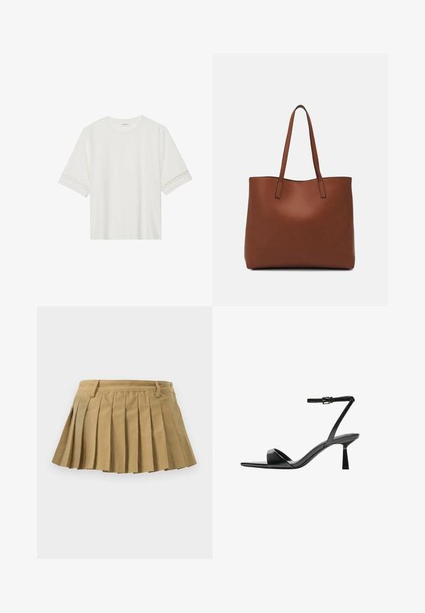 Bela kratka majica s kratkimi rokavi iz bombaža, okrašena z dekorativnim čipkastim robom ob rokavih in okroglo izrezom.; Plique krilo iz bež tkanine, z oblikovanim pasom, več pletenicami in ravnim robom. Brez vidnih zapiral ali okraskov.; Bershka Sandali z visoko peto - black; Rjava usnjena torba z gladko teksturo, odprto zasnovo zgoraj in dvema naramnima trakovoma. Opremljena je z minimalnim šivanjem in brez vidnih kovinskih delov.