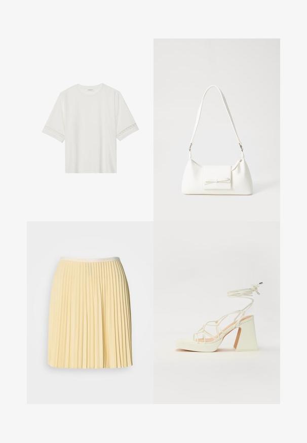 T-shirt bianco a maniche corte in cotone, con bordi in pizzo decorativi lungo le maniche e scollo rotondo.; Gonna plissettata gialla pallida con una vita che presenta il logo Lacoste. Realizzata in materiale leggero, ha un design fluido e una texture liscia.; Sandalo bianco con tacco alto, caratterizzato da un design a cinturini e un legaccio alla caviglia. Texture liscia con una piattaforma frontale per un'altezza aggiuntiva.; Borsa sintetica bianca a forma triangolare, con patta anteriore piatta e dettaglio a fiocco, tracolla regolabile, texture liscia e design minimalista.