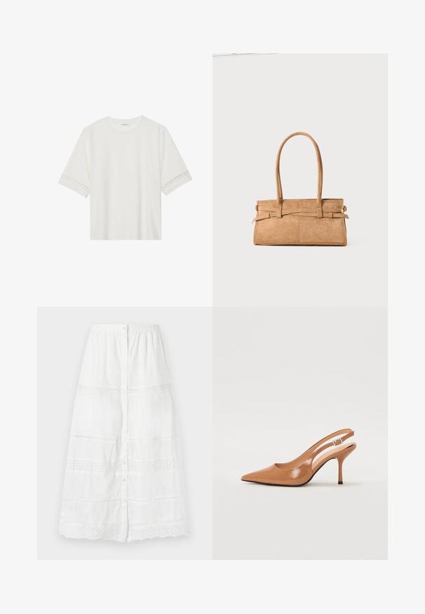 Valge lühikese varrukaga T-särk, mis on valmistatud puuvillast, kaunistatud pitsiga varrukate ääres ja ümmarguse kaelusega.; Valge nööbiga seelik, mis on valmistatud kergetest kangast, omades pitsäärist ja tikitud mustreid alumises ja keskmises osas.; Küüntega slingback konts, mis on valmistatud siledast ja läikivast tan värvi materjalist. Omab kaarjat lõigatud disaini ja õhukest stiletto kontsa. Hõbedane pandla detail.; Karamelli suède käekott, millel on kaks pikka sangad, ristküliku kuju ja dekoratiivne õmblus. Omab külgrihma ja diskreetseid kuldseid detailide aktsente.