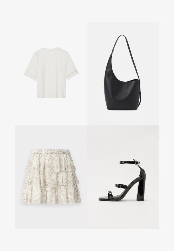 Camiseta blanca de manga corta hecha de algodón, con un ribete decorativo de encaje en las mangas y un escote redondo.; Falda blanca con un diseño de capas y volantes. Presenta un delicado patrón floral en rosa y verde. Cintura elástica para mayor comodidad.; Sandalias de tacón de charol negro con punta cuadrada, correas en el tobillo y hebillas plateadas. Presentan un tacón grueso para mayor estabilidad.; Bolso tipo hobo de cuero negro con una textura suave, forma curvada y una sola correa ajustable; presenta una amplia apertura en la parte superior.