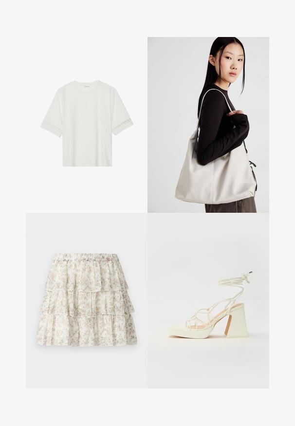 Tricou alb cu mânecă scurtă, confecționat din bumbac, cu dantelă decorativă pe marginea mânecilor și un guler rotund.; Fustă albă cu un design stratificat, cu volane. Are un model floral delicat în nuanțe de roz și verde. Talie elastică pentru confort.; Sandale albe cu toc înalt și gros, cu un design cu curele și legătură la gleznă. Textură netedă, cu o platformă frontală pentru înălțime suplimentară.; Geantă bej din material moale, cu un design lejer, detalii cusute și două bretele pentru umăr. Potrivită pentru utilizarea zilnică.