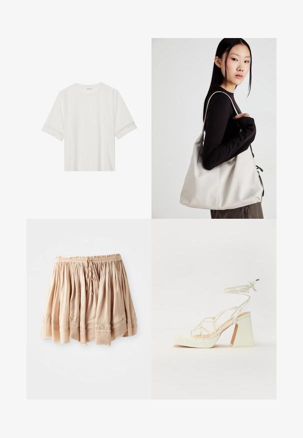 Hvit t-skjorte med kort erme laget av bomull, med dekorativ blondekant langs ermene og en rund halslinning.; Lys beige, lagdelt skjørt laget av myk stoff med elastisk midjebånd og justerbar snøring, med subtile folder og sydd detaljer.; Hvit høyhælte sandal med kraftig hæl, med en stroppe-design og ankelbånd. Glatt tekstur med plattform foran for ekstra høyde.; Beige håndveske laget av mykt materiale, med en slapp design, sydd detaljer og to skulderstropper. Passer for daglig bruk.