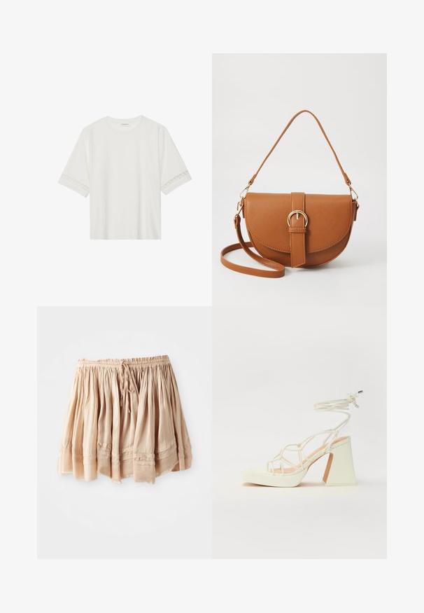 Valge lühikese varrukaga T-särk, mis on valmistatud puuvillast, kaunistatud pitsiga varrukate ääres ja ümmarguse kaelusega.; Heledbeez, kihiline seelik, mis on valmistatud pehmest kangast, elastse värviga ja reguleeritava nööriga, millel on peened voldid ja õmmeldud detailid.; Valged kõrge kontsaga sandaalid, millel on paks konts ja rihmadega disain koos pahkluu sidumisega. Sile tekstuur ja platvorm ees, et lisada kõrgust.; Pruun nahast õlakott, millel on kumer kuju, kullavärvi riistvara ja pandlaga kaunistus. Omab eemaldatavat õlarihma.