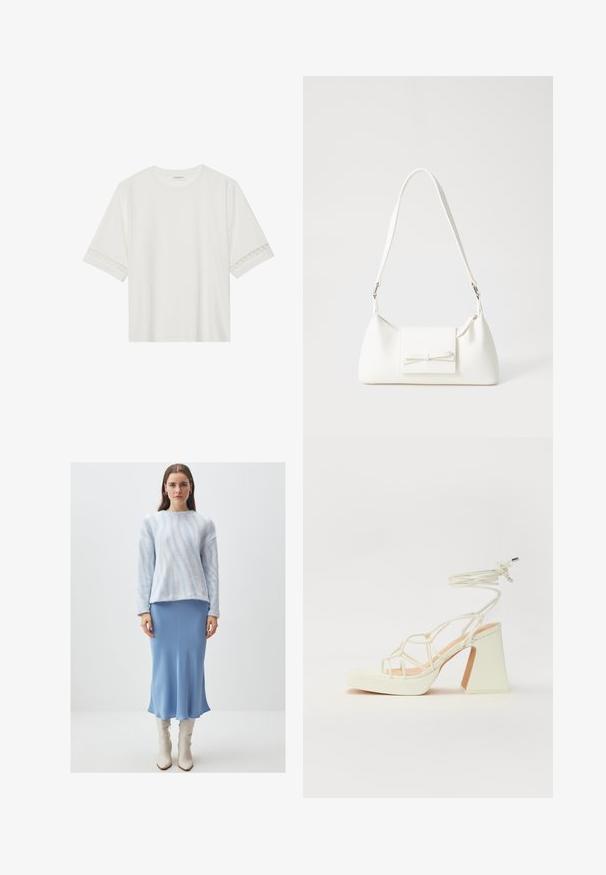 T-shirt blanc à manches courtes en coton, avec des bordures en dentelle décoratives le long des manches et un col rond.; Pull en laine bleu clair avec des rayures blanches texturées, associé à une jupe midi bleue lisse et des bottes blanches brillantes montantes.; Sandale blanche à talons hauts avec un talon épais, présentant un design à lanières et un lien autour de la cheville. Texture lisse avec une plateforme à l'avant pour une hauteur supplémentaire.; Sac à main synthétique blanc en forme triangulaire, avec un rabat avant plat et un détail en nœud, une bandoulière ajustable, une texture lisse et un design minimaliste.
