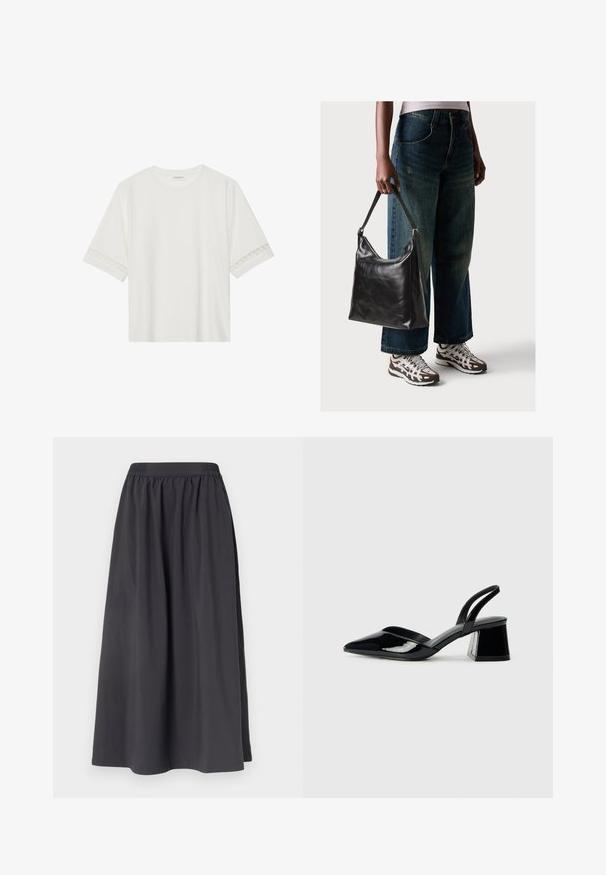 T-shirt branco de manga curta feito de algodão, com bainha de renda decorativa nas mangas e decote redondo.; Saia preta de algodão com cintura elástica, forma em A e textura suave, atingindo o comprimento até a metade da panturrilha, sem padrões visíveis ou acessórios.; Sandy em verniz preto com salto slingback, ponta afilada e salto geométrico. Apresenta um design elegante e minimalista com textura suave.; Bolsa de ombro em couro preto com textura suave e alça ajustável, combinada com jeans de perna larga desbotados e ténis desportivos.