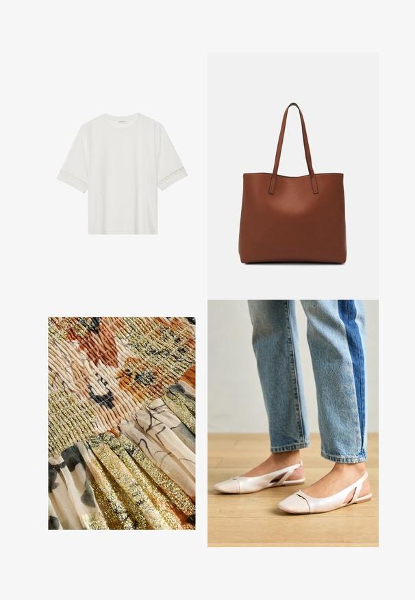 Valge lühikese varrukaga T-särk, mis on valmistatud puuvillast, kaunistatud pitsiga varrukate ääres ja ümmarguse kaelusega.; Next REGULAR FIT - DROP WAIST - Maksiseelik - cream sparkle; Kahvatu roosa slingback lapikute jalatsite paar, millel on terav varvas, valmistatud siledast nahataolisest materjalist. Omab külgedel lõikekohti ja lapikut kontsa.; Pruun nahast tote-kott, millel on sile tekstuur, avatud ülaosa disain ja kaks õlarihma. Omab minimaalset õmblust ja nähtavat riistvara ei ole.