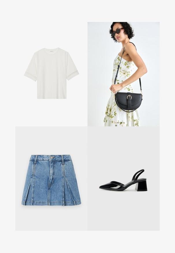 T-shirt branco de manga curta feito de algodão, com bainha de renda decorativa nas mangas e decote redondo.; Mini saia de ganga em azul claro com um design plissado, fecho com botão prateado e estilo clássico de cinco bolsos.; Sandy em verniz preto com salto slingback, ponta afilada e salto geométrico. Apresenta um design elegante e minimalista com textura suave.; Bolsa de couro preta com forma curva, alça destacável e detalhes em dourado. A bolsa possui uma aba com detalhe de fivela.