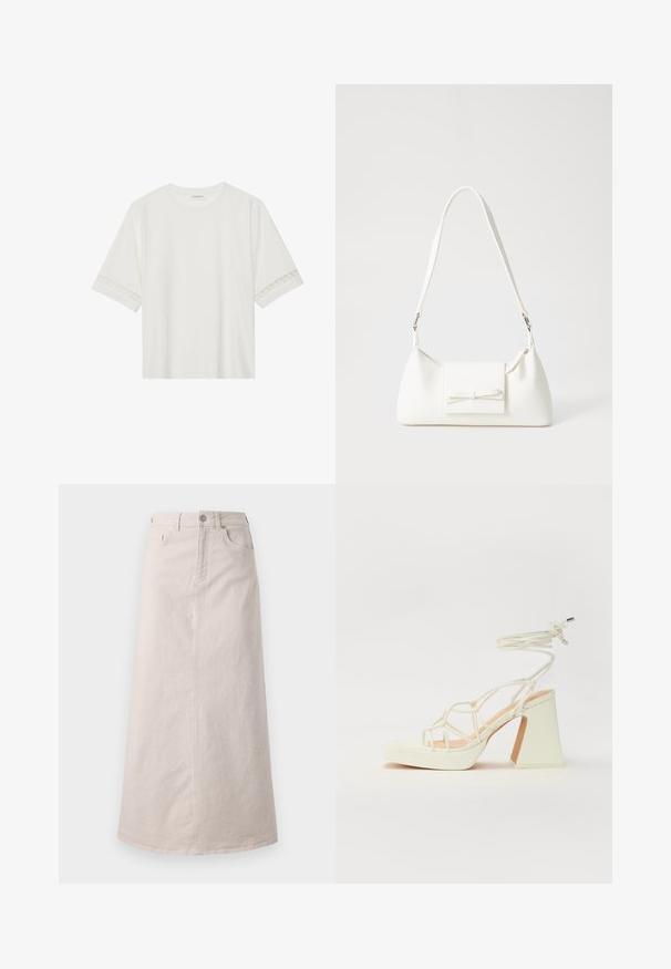 Witte korte mouwen t-shirt van katoen, met een decoratieve kantafwerking langs de mouwen en een ronde halslijn.; Beige corduroy midi-jurk met verticale strepen, met een aansluitende taille, zijzakken en een rechte snit tot aan de zoom.; Witte hoge hakken sandaal met een chunky hak, met een bandjesontwerp en enkelband. Gladde textuur met een plateau voor extra hoogte.; Witte synthetische handtas met een driehoekige vorm, platte voorklep en strikdetail, verstelbare schouderriem, gladde textuur en minimalistisch ontwerp.