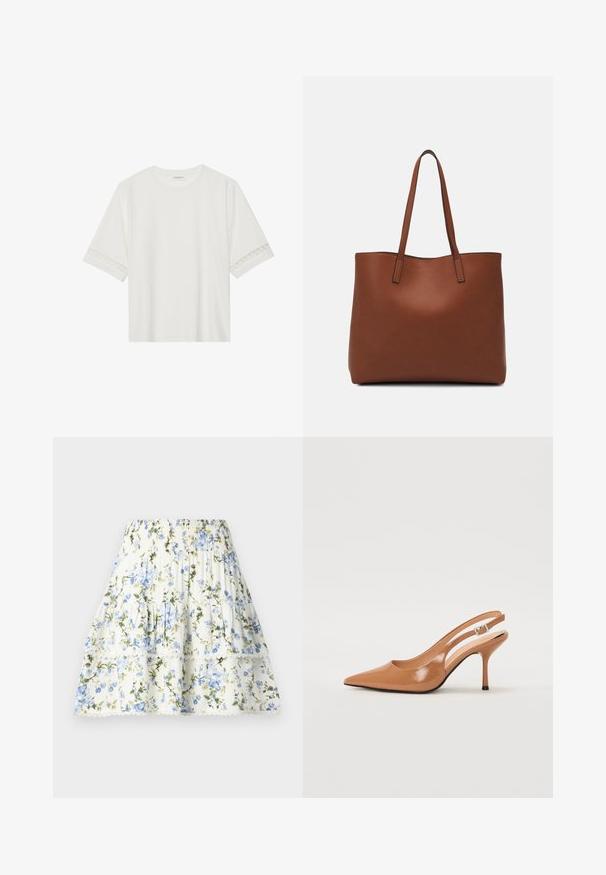 Camiseta blanca de manga corta hecha de algodón, con un ribete decorativo de encaje en las mangas y un escote redondo.; Falda floral en blanco con flores azules y verdes, cintura elástica, diseño en capas y borde de encaje en el dobladillo. Tejido ligero.; Zapato de tacón tipo slingback con punta afilada en un material suave y brillante de color marrón. Presenta un diseño con corte curvado y un tacón de aguja delgado. Detalle de hebilla plateada.; Bolso tote de cuero marrón con una textura suave, diseño de apertura superior y dos correas para el hombro. Presenta una costura mínima y sin herrajes visibles.