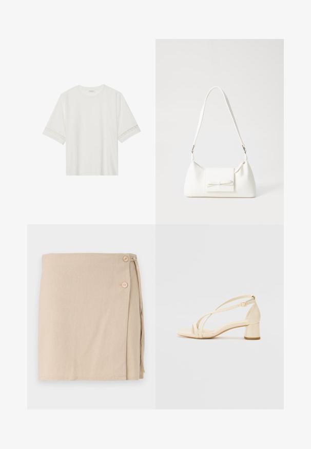 Tricou alb cu mânecă scurtă, confecționat din bumbac, cu dantelă decorativă pe marginea mânecilor și un guler rotund.; Fustă înfășurată bej dintr-un material moale, cu două butoane din lemn și detaliu lateral legat. Textură netedă, design de lungime medie.; Sandale cu toc bej, cu toc pătrat, design cu barete și curea la gleznă ajustabilă, realizate dintr-un material sintetic neted cu finisaj mat.; Geantă sintetică albă, cu formă triangulară, capac frontal plat și detaliu cu fundă, curea ajustabilă, textură netedă și design minimalist.