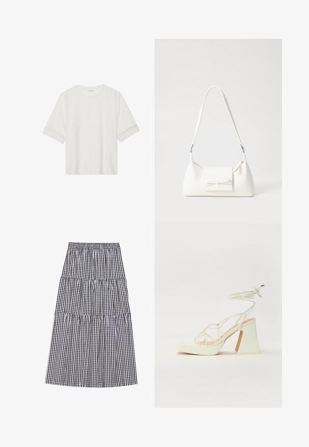 T-shirt branco de manga curta feito de algodão, com bainha de renda decorativa nas mangas e decote redondo.; Saia em camadas com padrão de gingham preto e branco, com cintura elástica. Apresenta vários volantes e uma silhueta fluida.; Sandálias brancas de salto alto com um salto robusto, apresentando um design com tiras e amarração no tornozelo. Textura suave com uma plataforma na frente para altura adicional.; Mala sintética branca com formato triangular, aba frontal plana e detalhe de laço, alça ajustável, textura suave e design minimalista.