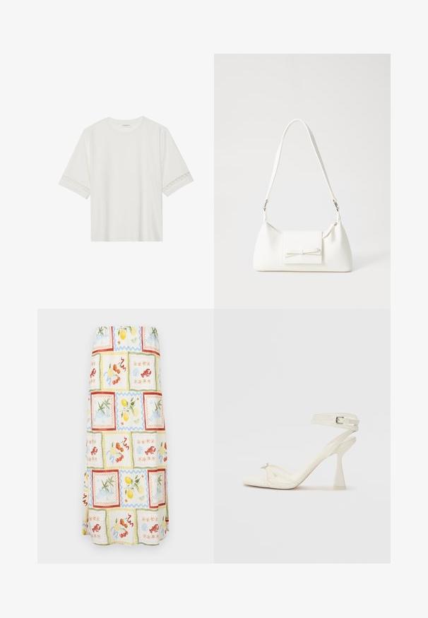 Hvit t-skjorte med kort erme laget av bomull, med dekorativ blondekant langs ermene og en rund halslinning.; Maxiskjørt i lett stoff med et lyst flerfarget mønster, inkludert frukter og kystlandskap i pastellfarger og teksturerte detaljer.; Høyhælte sandaler med stropp i hvitt lær, med et stilrent design, gjennomsiktig blokkhæl og et dekorativt element ved tåen.; Hvit syntetisk håndveske med trekantet form, flat klaff foran og sløyfe detaljer, justerbar stropp, glatt tekstur og minimalistisk design.