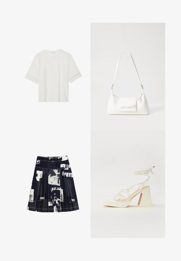 White short-sleeve t-shirt made from cotton, featuring decorative lace trim along the sleeves and a round neckline.; Black pleated skirt featuring a collage of white text and graphics, with contrasting stitching and a waistband for a tailored fit.; White high-heeled sandal with a chunky heel, featuring a strappy design and ankle tie. Smooth texture with a platform front for added height.; White synthetic handbag with a triangular shape, flat front flap and bow detail, adjustable strap, smooth texture, and minimalistic design.