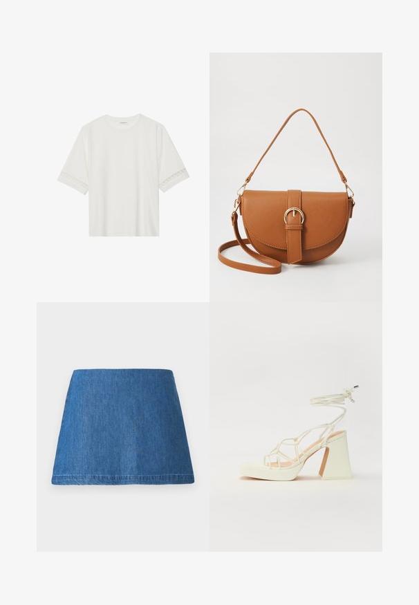 Biele tričko s krátkym rukávom vyrobené z bavlny, s dekoratívnym čipkovým lemovaním pozdĺž rukávov a okrúhlym výstrihom.; Džínová mini sukňa v stredne modrom odtieni, s klasickým A-línie tvarom, čistým lemom a bez viditeľných ozdôb alebo vzorov.; Biele sandále na vysokom opätku s hrubým podpätkom, s pruhovaným dizajnom a viazaním na členku. Hladký povrch s platformou vpredu pre zvýšenú výšku.; Hnedá kožená kabelka cez telo s zakriveným tvarom, zlatými kovovými doplnkami a akcentom s prackou. Obsahuje odnímateľný ramenný popruh.