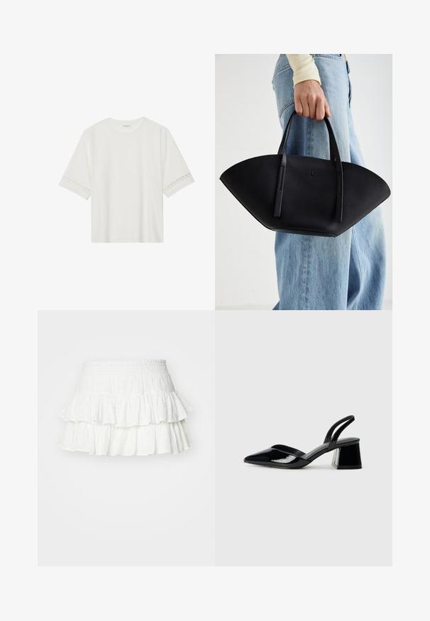 Bela kratka majica s kratkimi rokavi iz bombaža, okrašena z dekorativnim čipkastim robom ob rokavih in okroglo izrezom.; Bela mini krila z več plastmi, izdelana iz teksturirane tkanine in z elastičnim pasom. Vsebuje tri naborke s subtilnim vzorcem mrežice.; Črne lakirane slingback pete s koničastim nosom in geometrijsko blokasto peto. Imajo eleganten, minimalističen dizajn in gladko teksturo.; Črna usnjena torbica z edinstveno obliko ventilatorja, z ravnimi ročaji. Površina ima teksturo z drobnimi kamni in minimalističen dizajn.